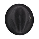Montique black and white bottom straw fedora hat top view with black crown 