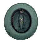 Interior view of hunter green wool felt fedora hat by Montique with black sweatband and printed crown logo