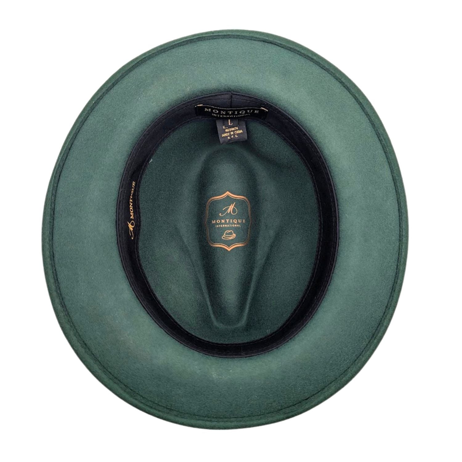 Interior view of hunter green wool felt fedora hat by Montique with black sweatband and printed crown logo