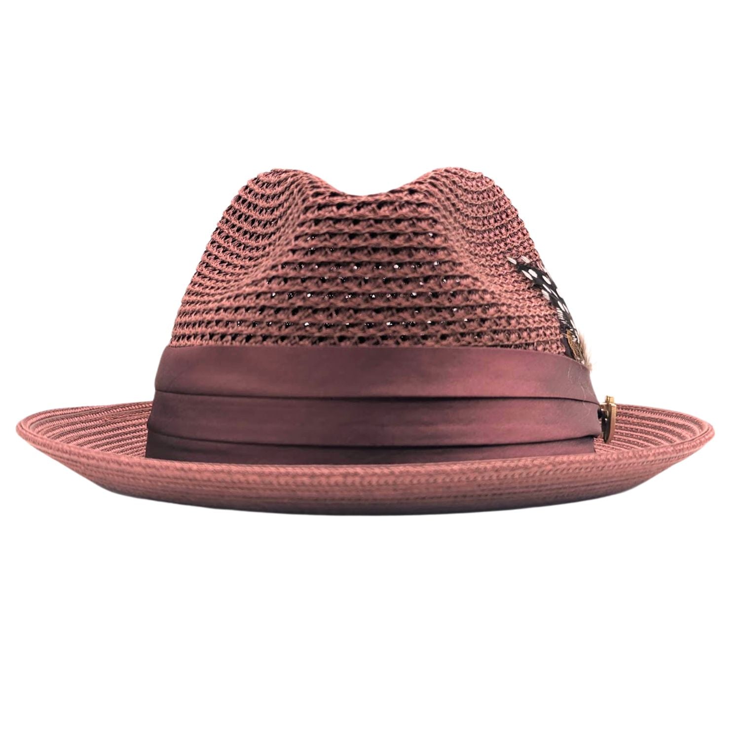 burgundy Montique fedora hat front view with open weave crown, satin ribbon band, logo pin, and clean white brim