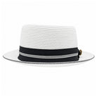Montique white straw pork pie hat back view with black band and gray trim