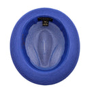 Royal blue Montique fedora hat interior view with woven crown, blue sweatband, wide brim, and branded size label