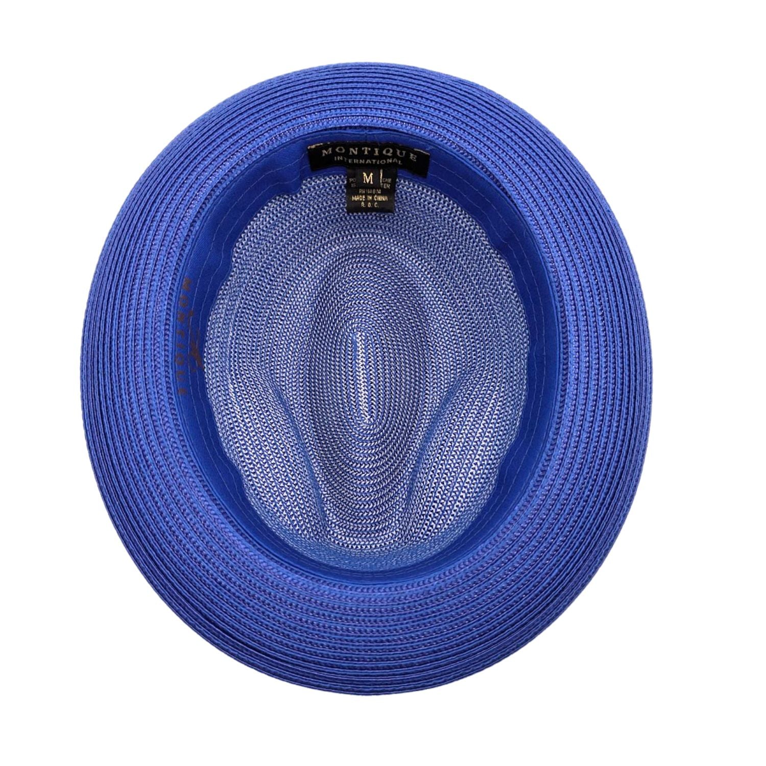 Royal blue Montique fedora hat interior view with woven crown, blue sweatband, wide brim, and branded size label