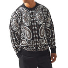 men's black winter paisley wool crewneck sweater with brown and ivory pattern front view