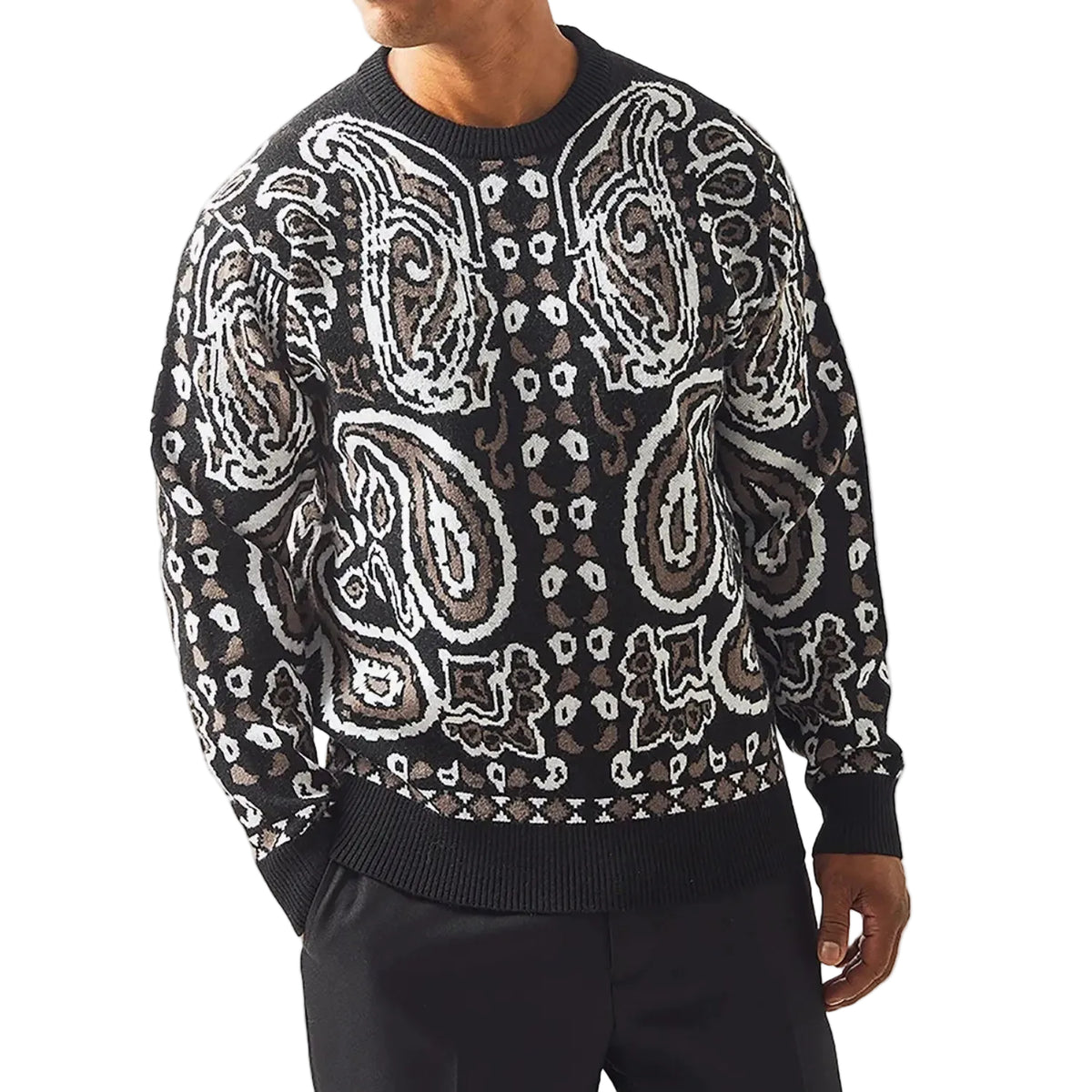 men's black winter paisley wool crewneck sweater with brown and ivory pattern front view