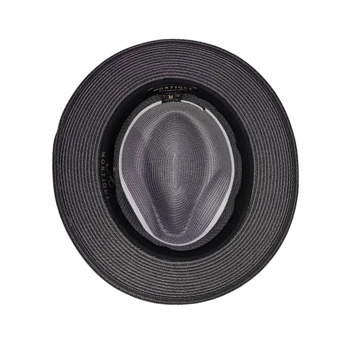 Black and grey Montique fedora hat interior view with grey woven crown, black brim, white inner trim, and branded sweatband