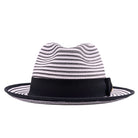 front view of black and white men’s fedora hat with black band, striped crown, and black brim trim