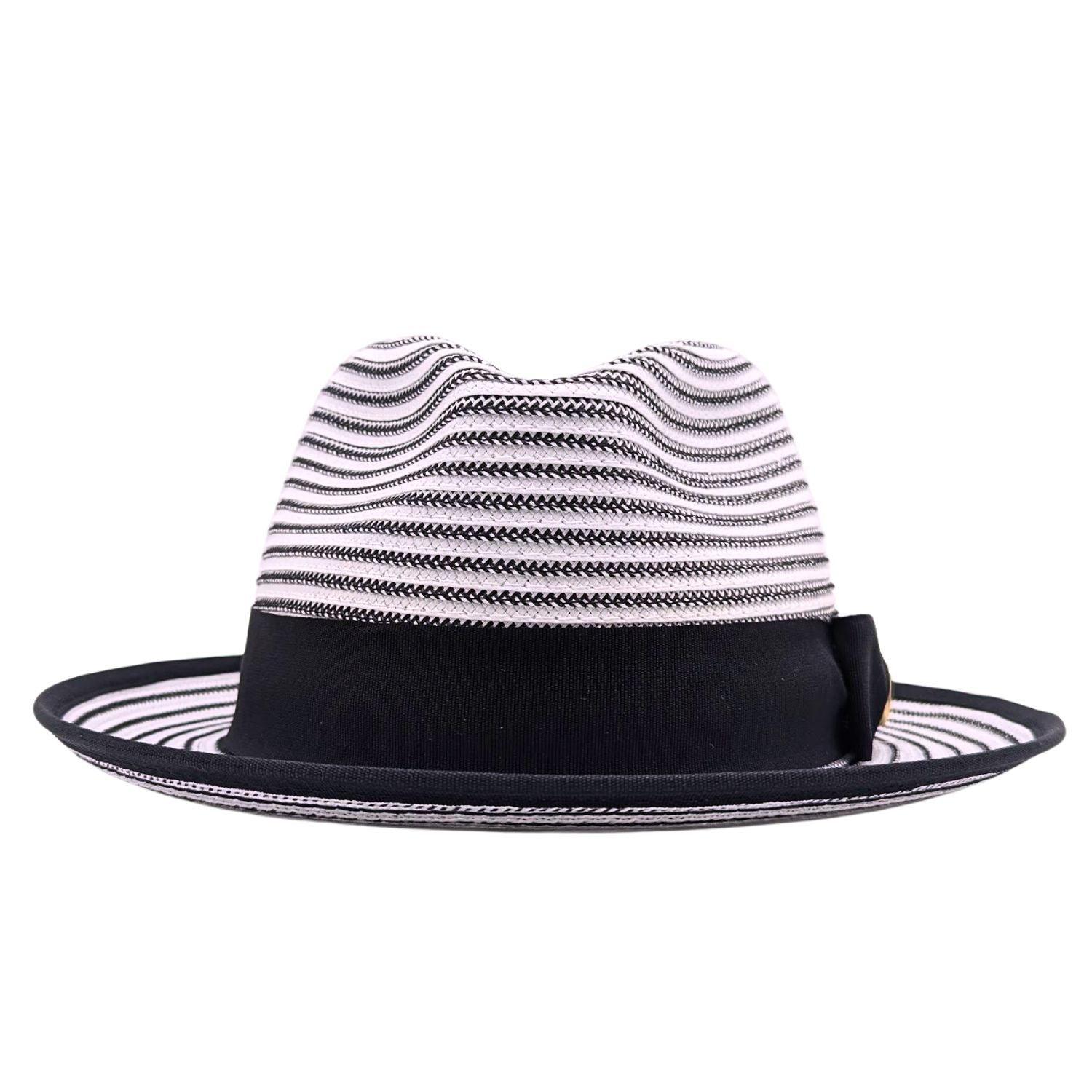front view of black and white men’s fedora hat with black band, striped crown, and black brim trim