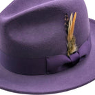 Close up of grape wool felt fedora hat with matching ribbon band, bow detail, and feather accent