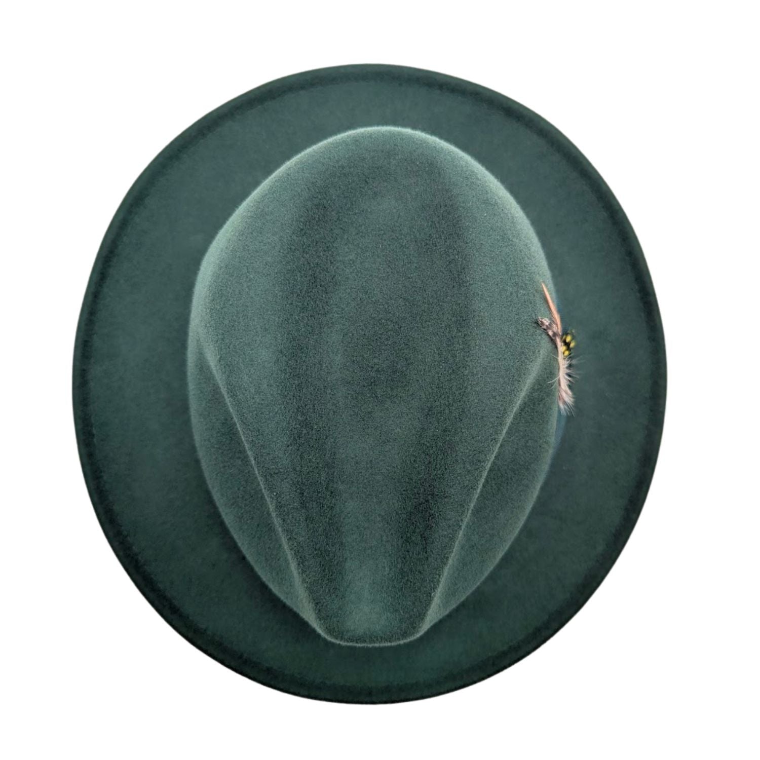 Top view of hunter green wool felt fedora hat showing pinch crown, wide brim, and side feather detail