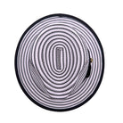 Top view of black and white striped men’s fedora hat with black brim trim and woven crown detail