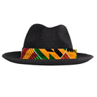 front view of black men’s fedora hat with woven crown, flat brim, and bold multicolor patterned band