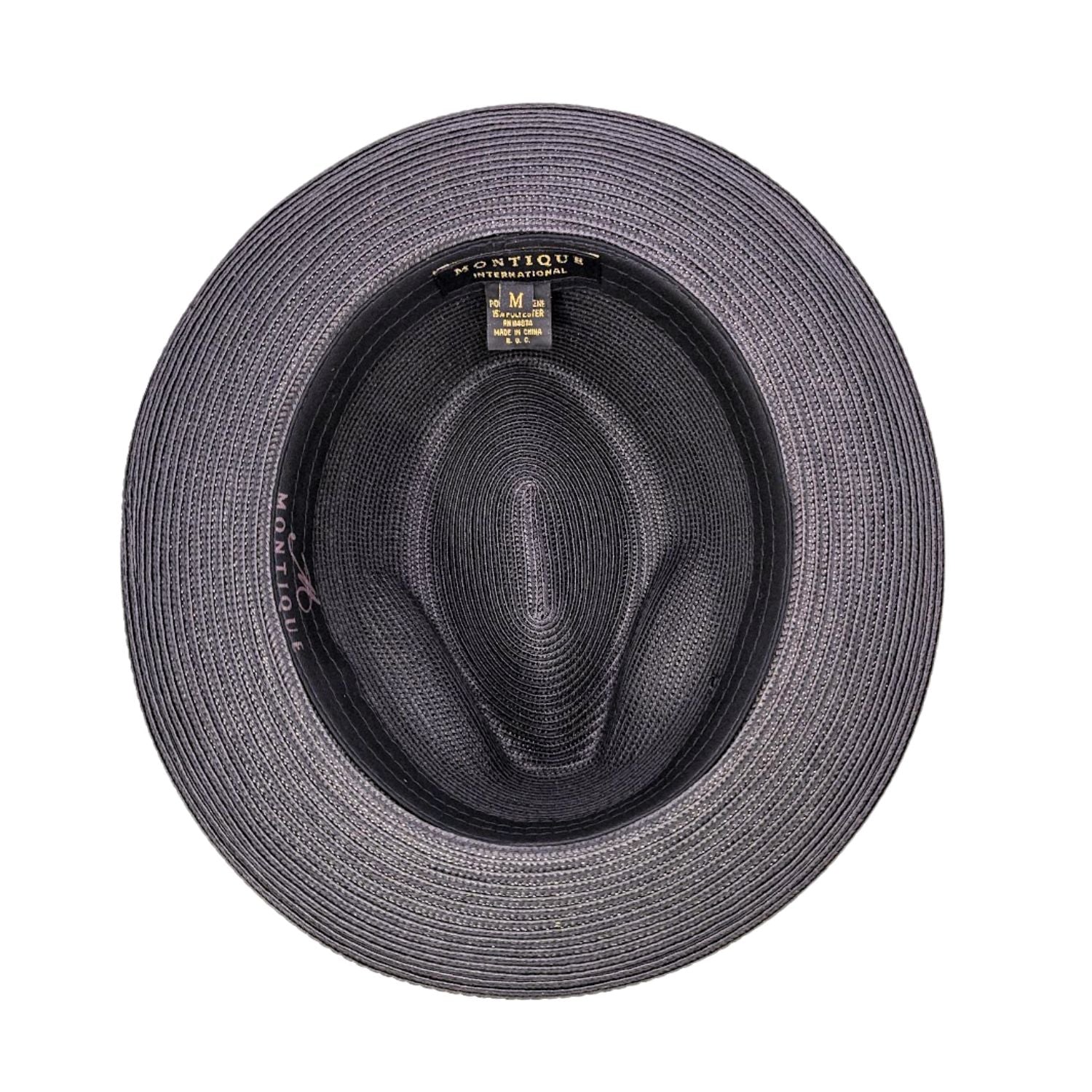 Inside view of black men’s fedora hat showing woven straw texture, black sweatband, and Montique label