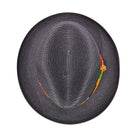 Top view of black men’s fedora hat with woven crown, wide brim, and colorful patterned band detail