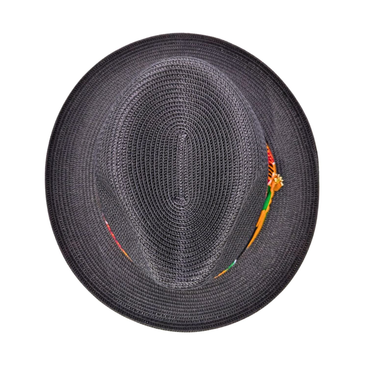 Top view of black men’s fedora hat with woven crown, wide brim, and colorful patterned band detail