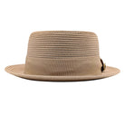 Camel pork pie hat front view with flat crown, woven texture, matching ribbon band, and short brim