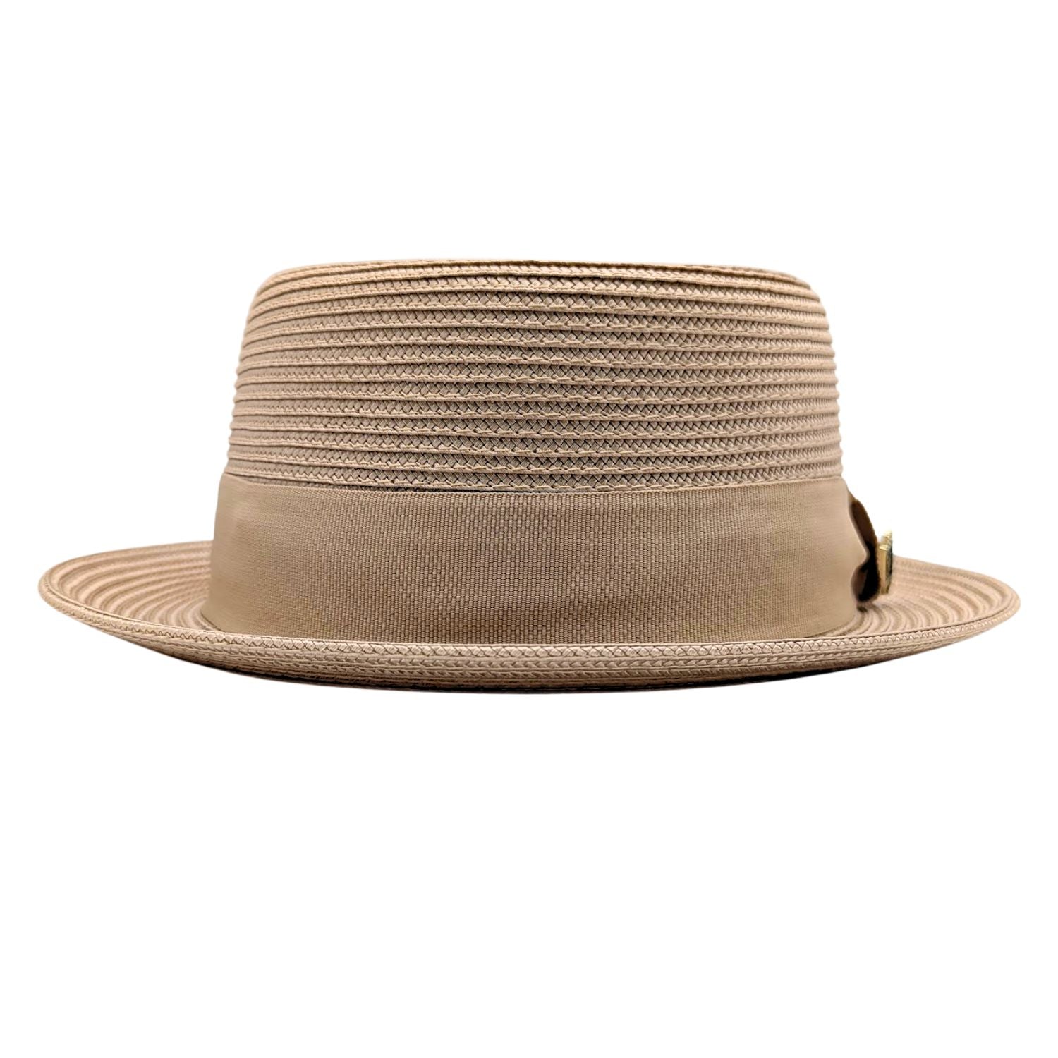 Camel pork pie hat front view with flat crown, woven texture, matching ribbon band, and short brim
