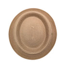 Camel Montique pork pie hat top view showing flat crown, circular woven texture, and matching brim