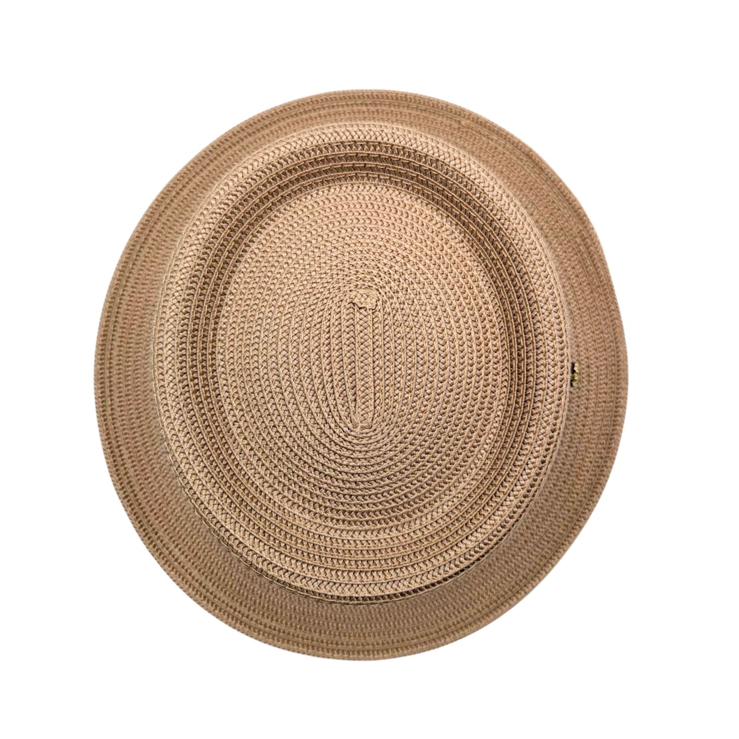 Camel Montique pork pie hat top view showing flat crown, circular woven texture, and matching brim