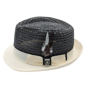 Black and White Vented Paper Braid Fedora with Grosgrain Bow and Feather by Stacy Adams