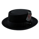 black wool felt porkpie hat with feather and grosgrain band