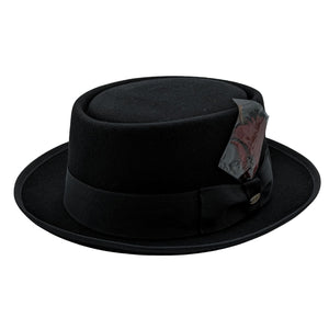 Black Structured Wool Felt Porkpie Hat with 2 Inch Bound Brim