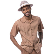 Montique Mocha Tonal Vertical Textured Short Sleeve Shirt