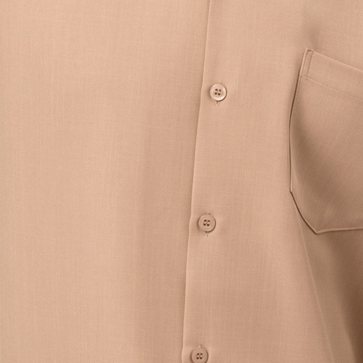 Close-up of beige solid walking suit shirt showing the open collar and clean button-front design.