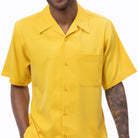 Front view of the canary solid short sleeve men's walking suit shirt.