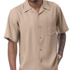 Front view of the khaki solid short sleeve men's walking suit shirt.