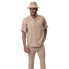 Khaki solid 100% polyester men's walking suit short sleeve 2-piece set with matching hat and shoes.