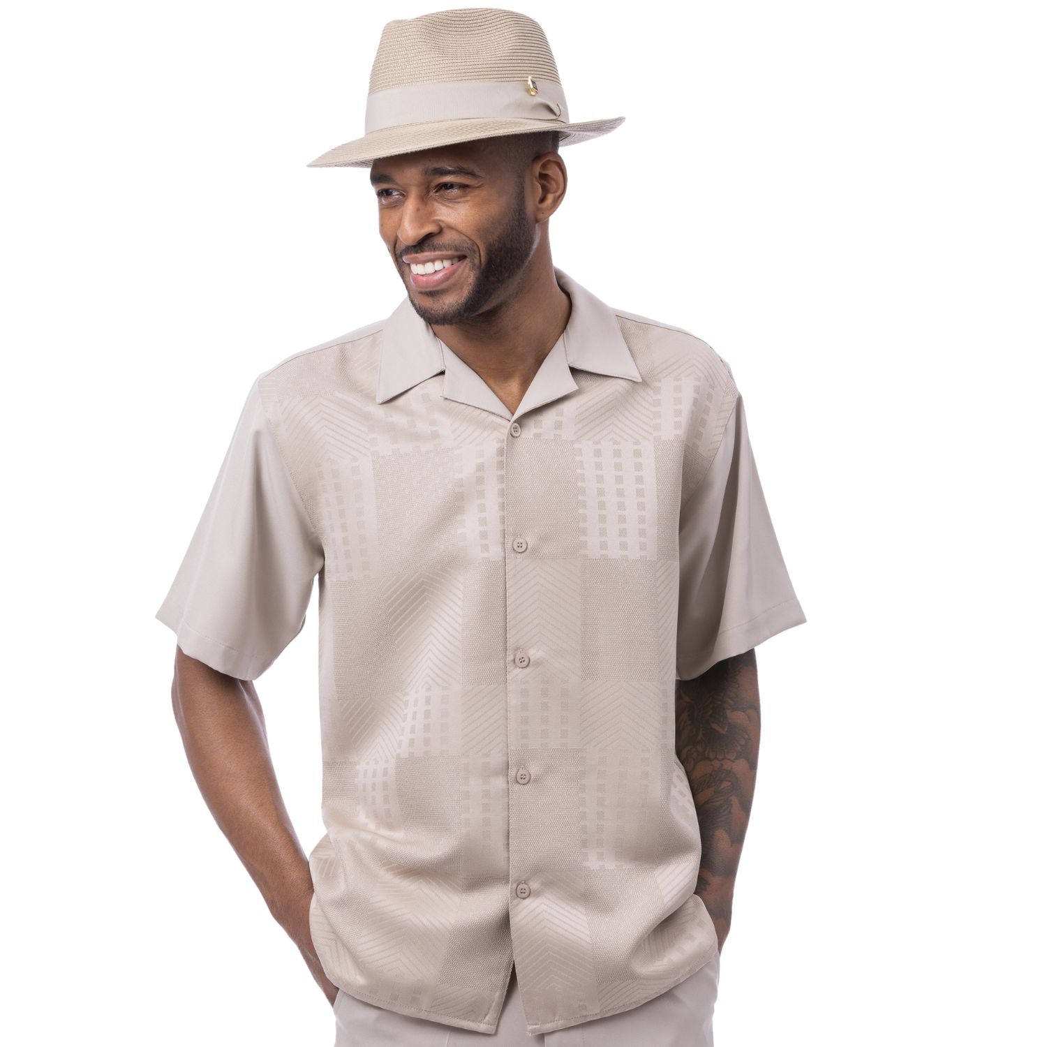Beige Tonal Jacquard Panel Short Sleeve Shirt