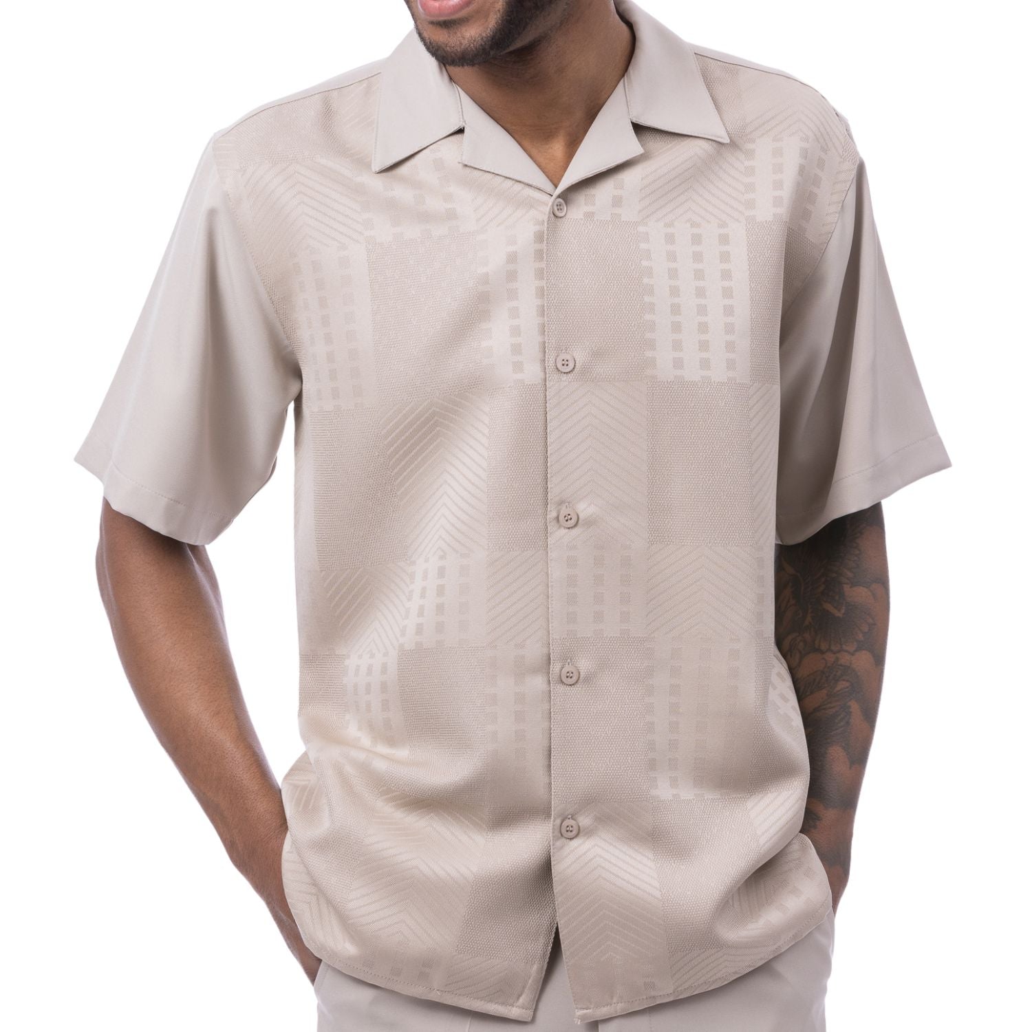 Front profile of the beige short sleeve button-up shirt showing the regular fit and straight hem.