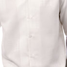 Close-up of the cream shirt showing the detailed tonal jacquard panel weave and textured pattern.
