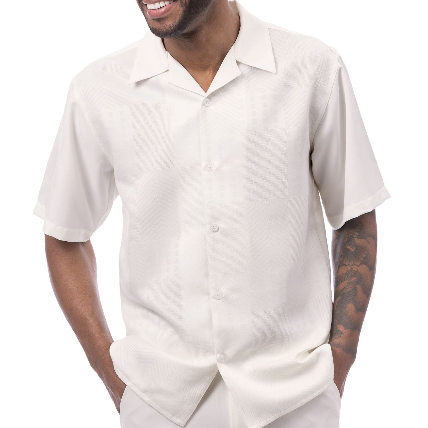 Front profile of the cream short sleeve button-up shirt showing the regular fit and straight hem.
