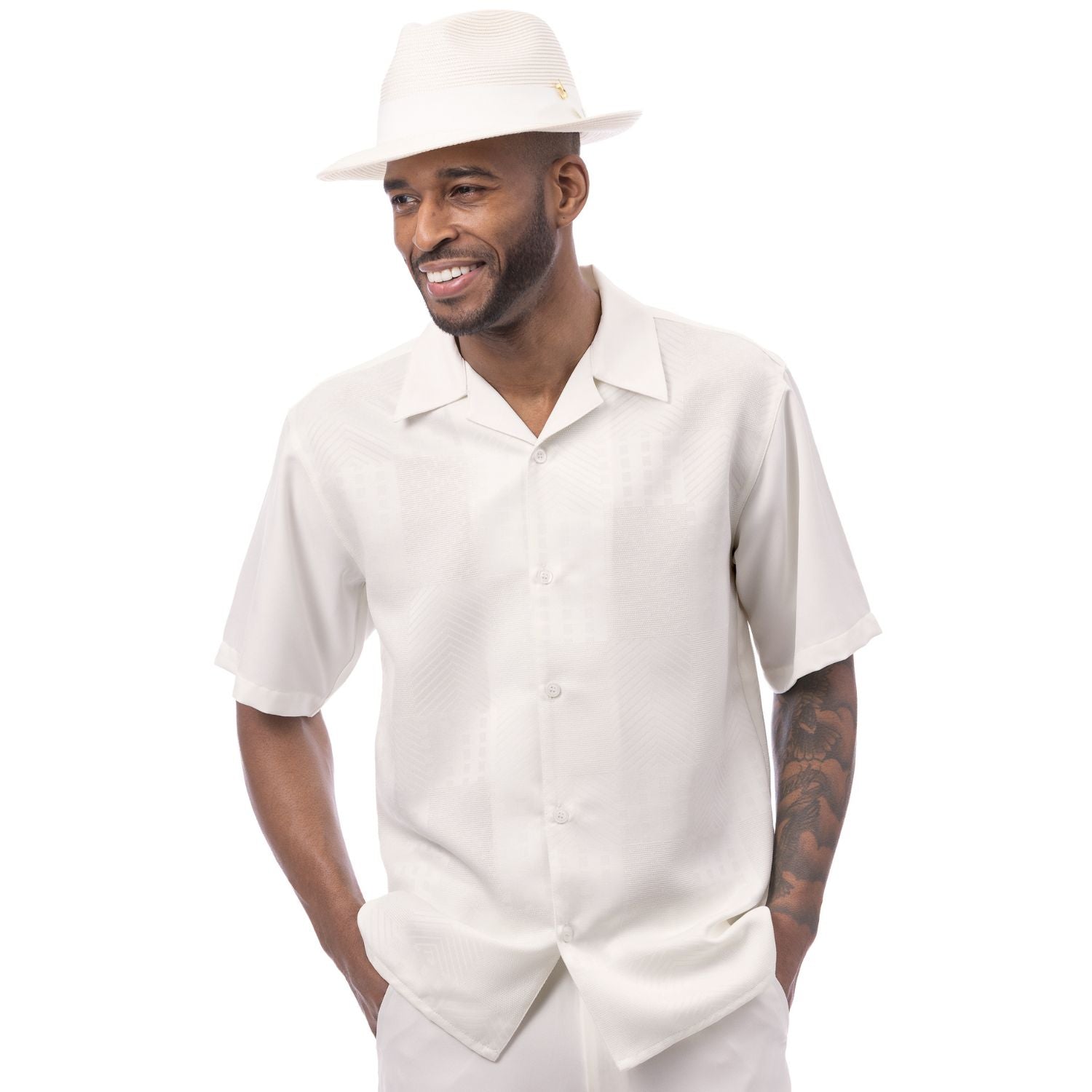 Montique Cream Tonal Jacquard Panel Shirt