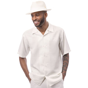 Montique Cream Tonal Jacquard Panel Short Sleeve Shirt