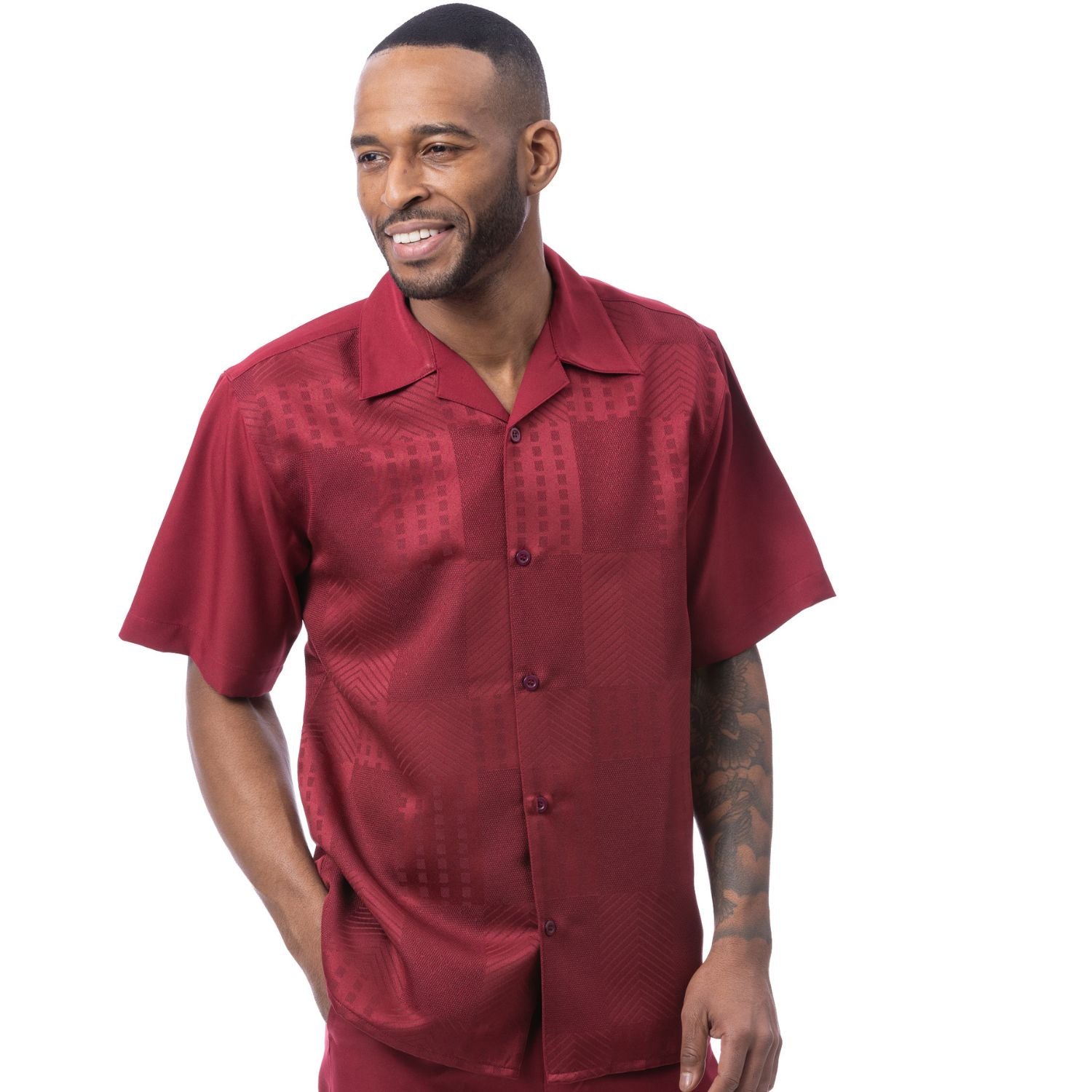 Burgundy polyester men's short sleeve shirt with tonal jacquard panel and camp collar.