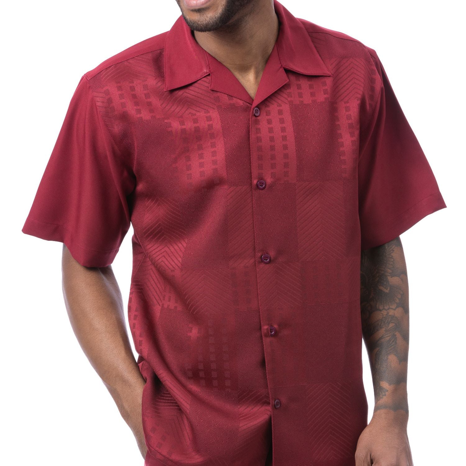 Front profile of the burgundy short sleeve button-up shirt showing the regular fit and straight hem.