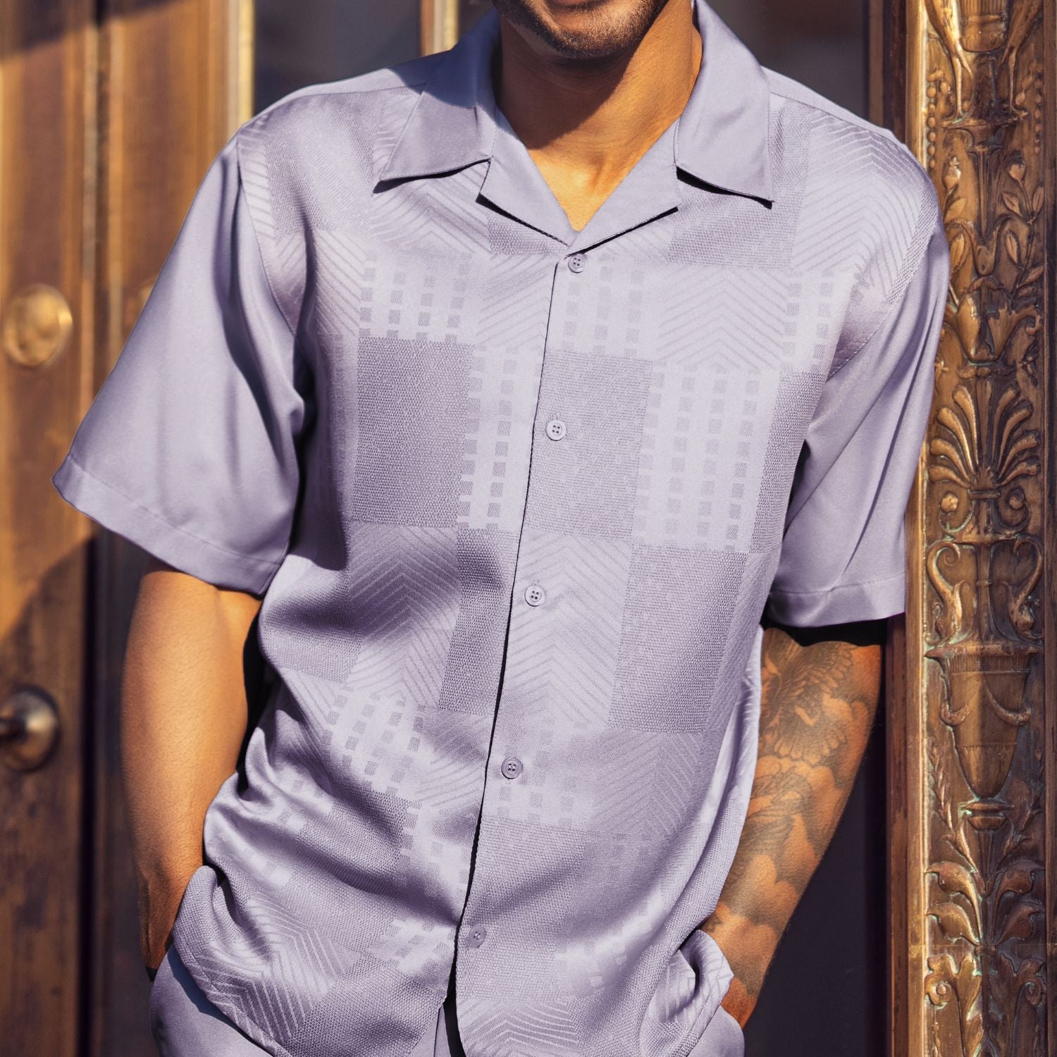 Front profile of the lilac short sleeve button-up shirt showing the regular fit and straight hem.