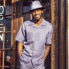 Lilac polyester men's short sleeve shirt with tonal jacquard panel and camp collar.