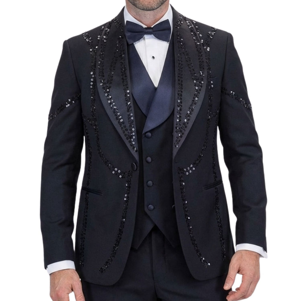 Close up of the black rhinestone tuxedo with matching vest and formal pants