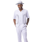 Men’s white 2 piece walking suit with embroidered panel shirt