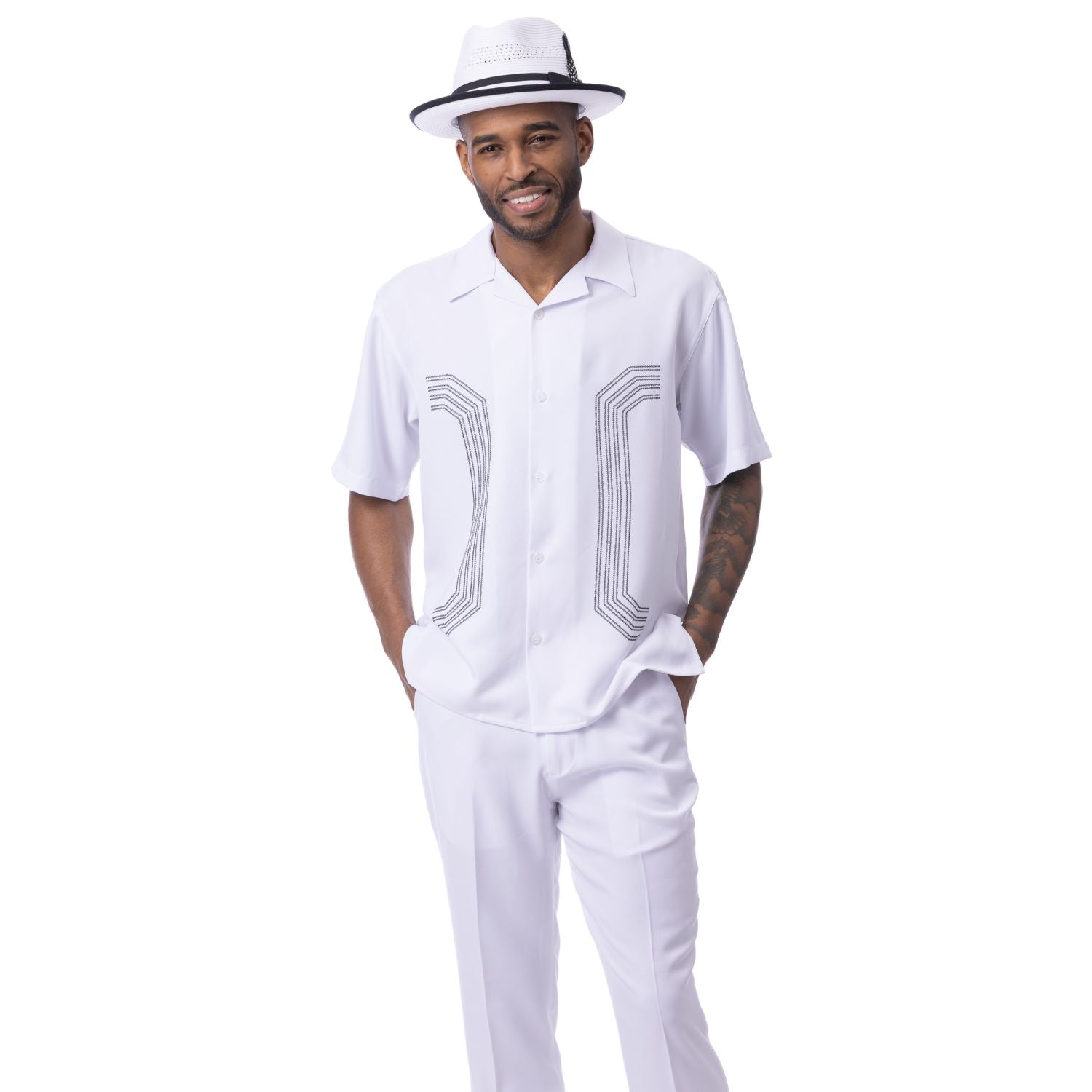 Men’s white 2 piece walking suit with embroidered panel shirt