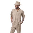Men’s khaki 2 piece walking suit with embroidered panel shirt