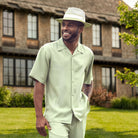 Men’s mint 2 piece walking suit with embroidered panel shirt
