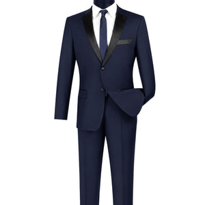 Men's 2 Piece Solid Color Single Breasted Slim Fit Tuxedo - Navy