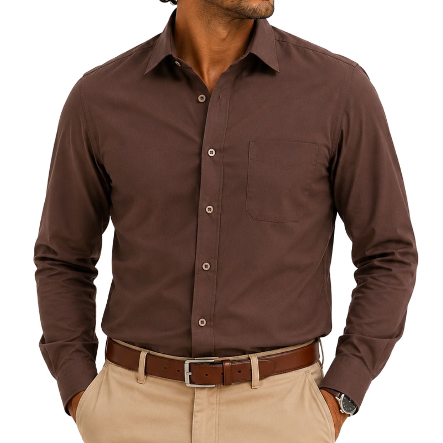 Men's Long Sleeve Button Up Shirt - Brown 15.5