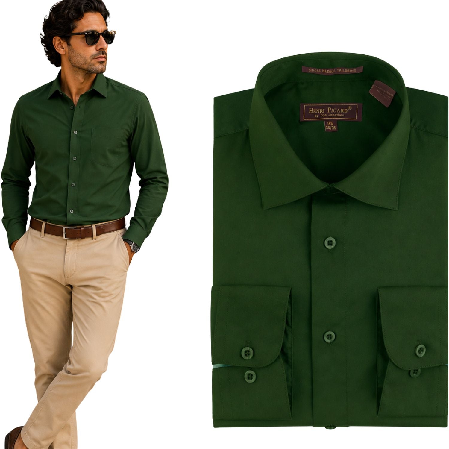 Men's Long Sleeve Button Up Shirt - Hunter Green, 14.5