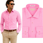 pink long sleeve button up shirt front view